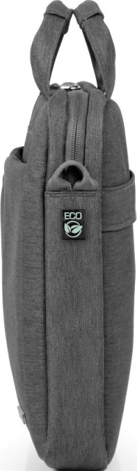Seitenansicht einer grauen Laptoptasche mit 'ECO'-Etikett. Sie hat einen Griff und eine Seitentasche.