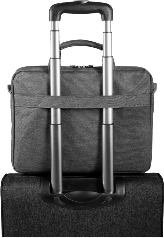 Ein Koffer mit Griff und eine schwarze Tasche daran befestigt.