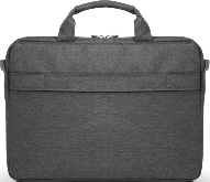 Graue Laptoptasche. Sie hat zwei Griffe und einen Schultergurt.