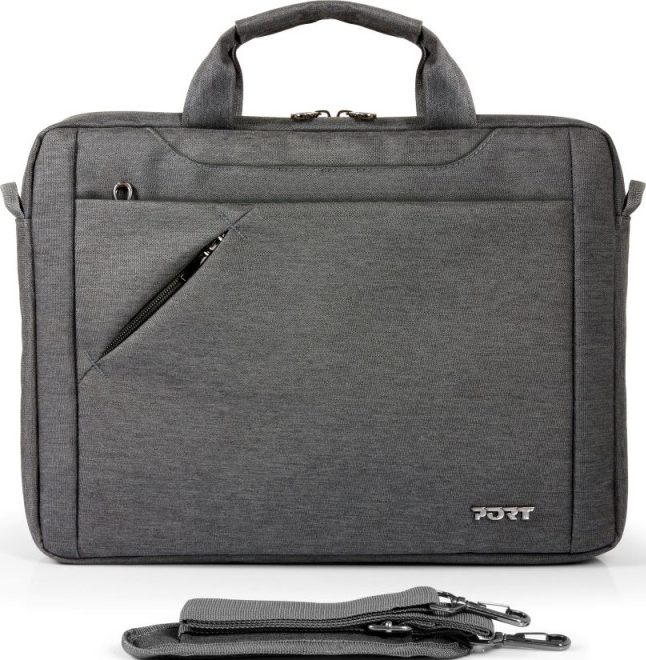 Graue Port Laptop-Tasche mit Griff, Reißverschlusstasche und Schultergurt. Das Port-Logo ist sichtbar.