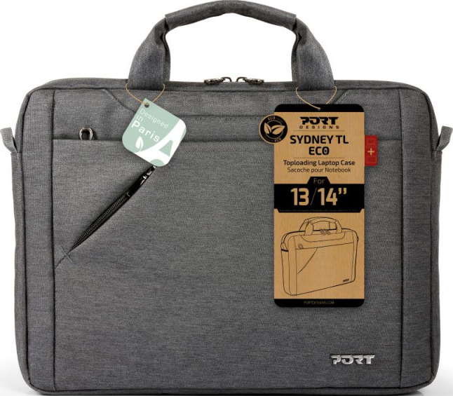 Eine graue Laptoptasche mit Griff und Etiketten. Sie hat einen Reißverschluss und ein Logo. Weißer Hintergrund.
