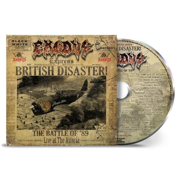 Das CD-Cover von Exodus 'British Disaster!'. Zeigt ein Flugzeug, ein Zeitungs-Layout.