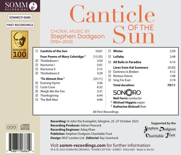 CD-Cover: Stephen Dodgson's 'Canticle of the Sun' mit Titelliste und Details.