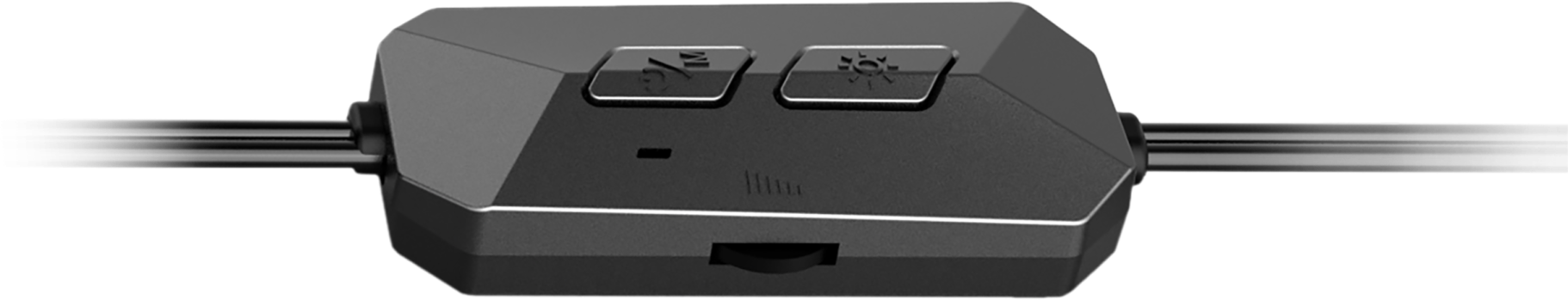 Un pannello di controllo nero con due pulsanti e un cursore, isolato su sfondo nero.