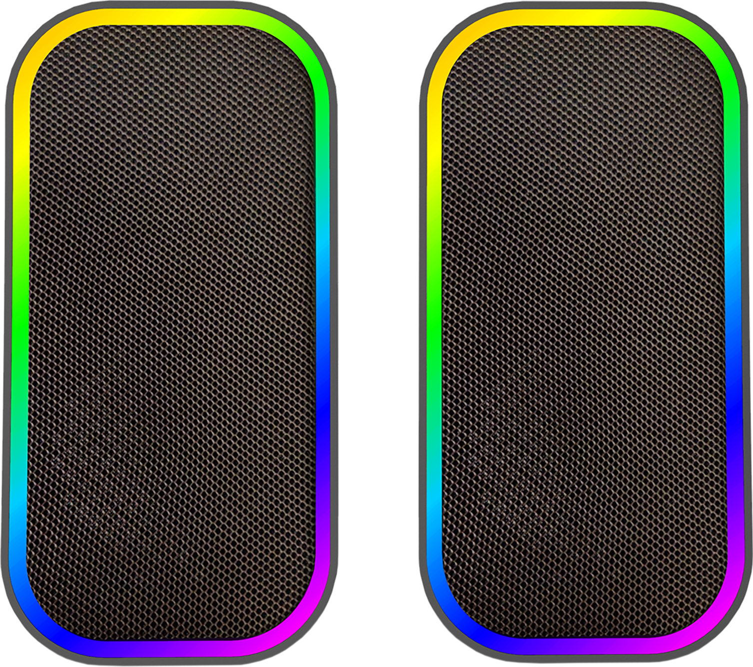 Due altoparlanti con un design a rete e un bordo arcobaleno.