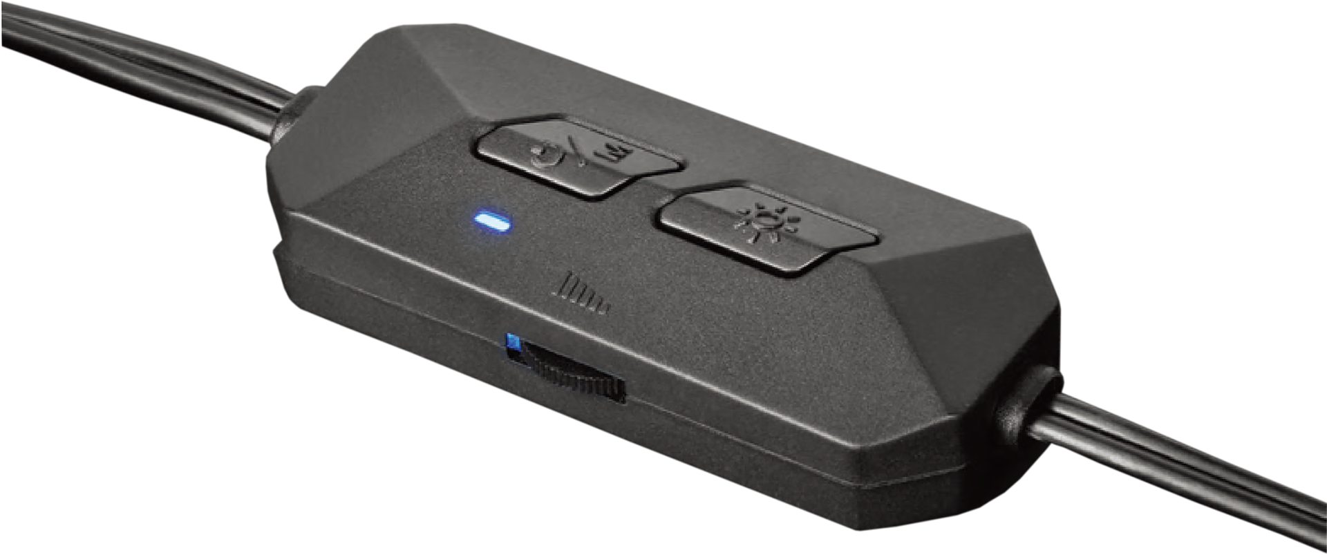 Controller per cuffie nero con pulsanti e cursore del volume.