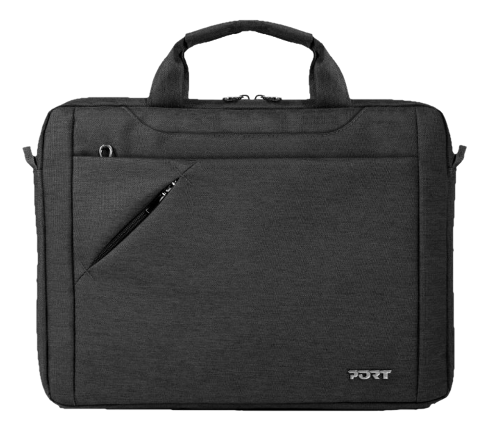 Dunkelgraue Laptoptasche mit Griff, Reißverschlusstasche und dem Wort 'PORT'.