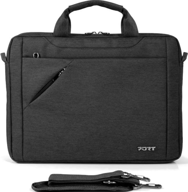 Eine schwarze Port Laptop-Tasche mit Griff, Reißverschluss und Schultergurt, vor weißem Hintergrund.