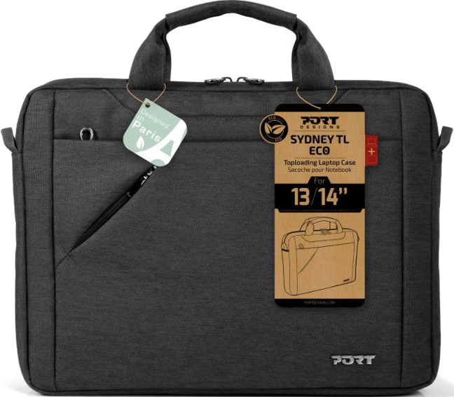 Eine dunkelgraue Laptoptasche mit Etiketten, einem Griff und einem Reißverschluss. Die Tasche trägt die Aufschrift 'Sydney TL ECO'.