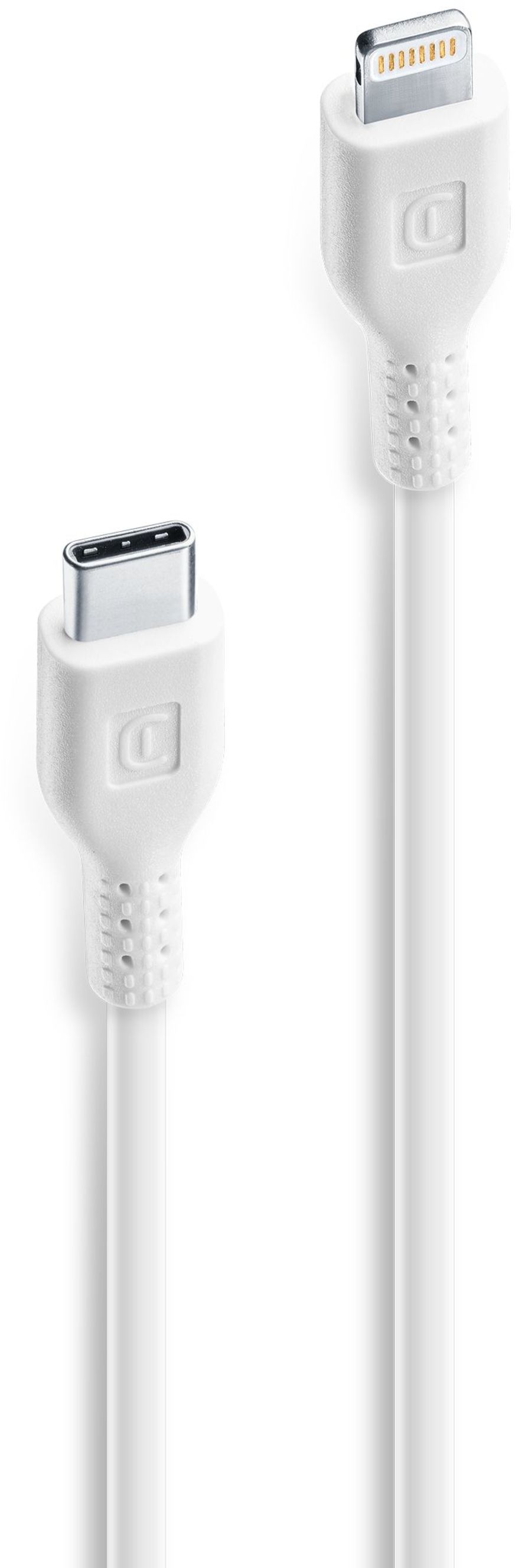 Un cavo di ricarica bianco con connettori USB-C e Lightning.