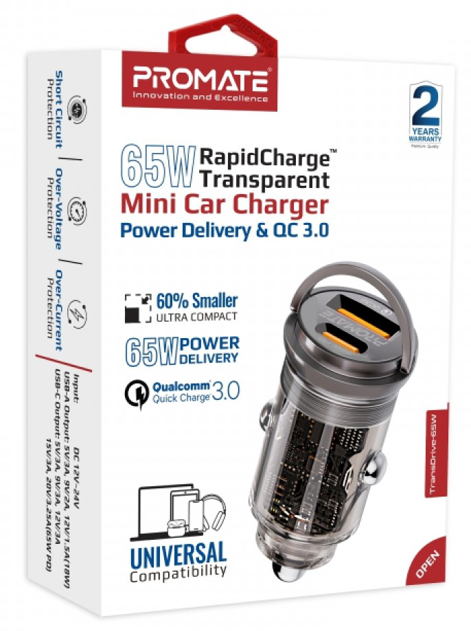 Chargeur de voiture Promate 65W avec design transparent, montrant les composants.