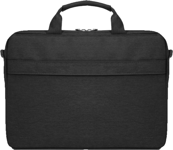 Un sac d'ordinateur portable noir avec une poignée et une fixation de bandoulière sur fond blanc.