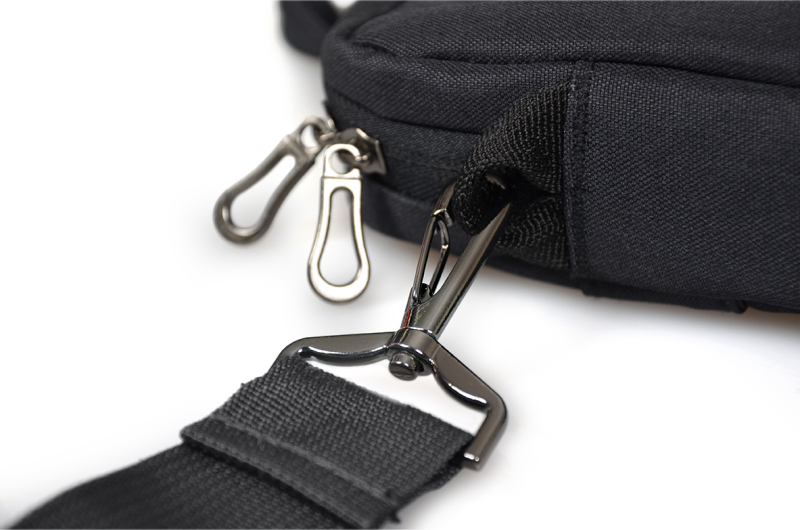 Gros plan sur une sangle de sac noire avec des clips métalliques et une fermeture éclair.