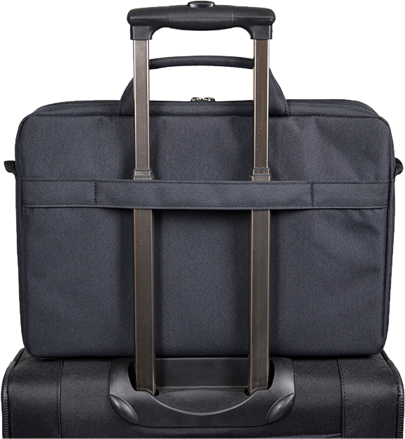 Une valise noire avec un sac pour ordinateur portable attaché à la poignée télescopique.