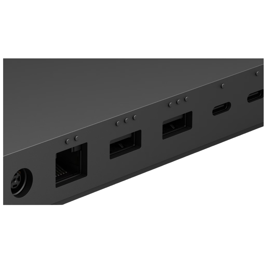 Nahaufnahme eines schwarzen Geräts mit verschiedenen Anschlüssen: Ethernet, USB und USB-C.