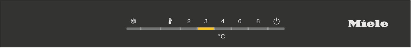 Schwarz-graues Bedienfeld mit Temperatureinstellungen. Ein gelber Balken zeigt die gewählte Temperatur an.