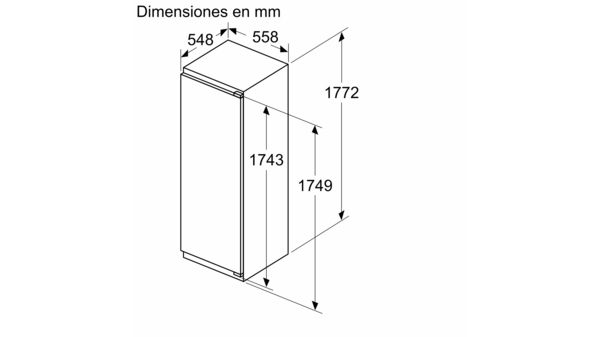 Vista isométrica de un refrigerador blanco, con dimensiones en mm.