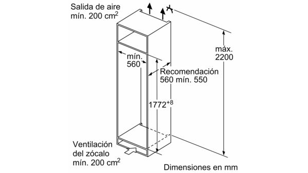 Diagrama de un armario alto y estrecho con dimensiones, incluidas las rejillas de ventilación.