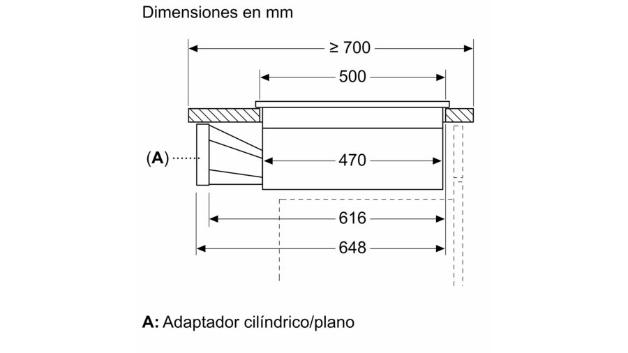 Dibujo técnico que muestra las dimensiones de una encimera empotrada. Las medidas están en milímetros.