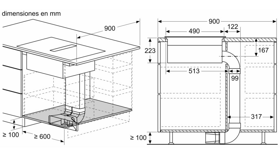 Dibujo técnico de una campana extractora, que muestra dimensiones y detalles de instalación.