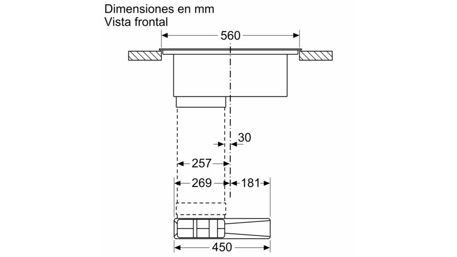 Dibujo técnico con dimensiones de un fregadero desde una perspectiva superior.