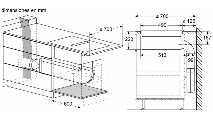 Dibujo técnico de un electrodoméstico de cocina con dimensiones en mm.