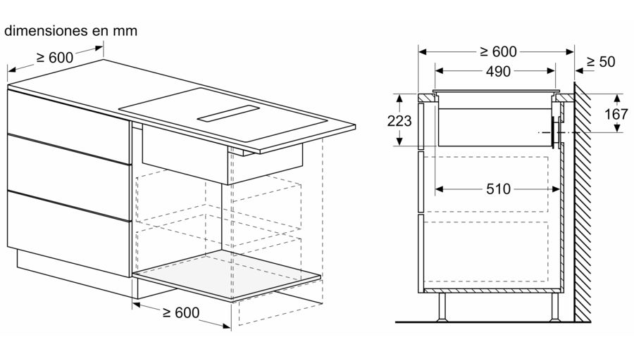 Dibujo técnico de un mueble de cocina con dimensiones en milímetros.