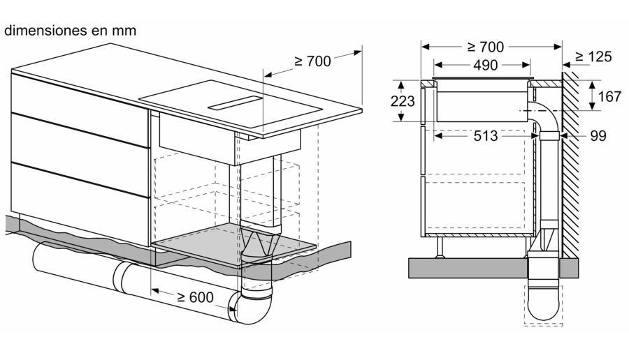 Diagrama de gabinete de cocina con dimensiones para instalación.