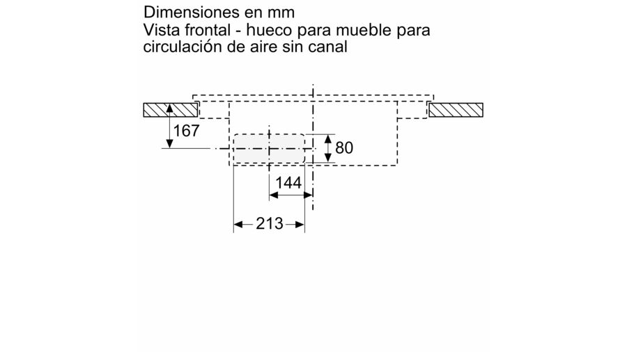 Diagrama con dimensiones y especificaciones para la circulación de aire en un mueble.