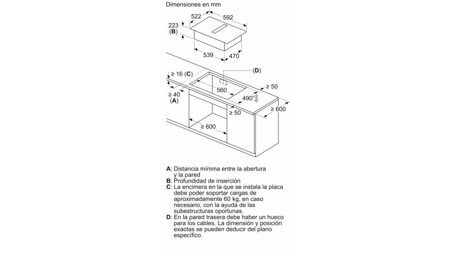 Dibujo técnico de electrodoméstico de cocina con dimensiones en mm, mostrando detalles de instalación.
