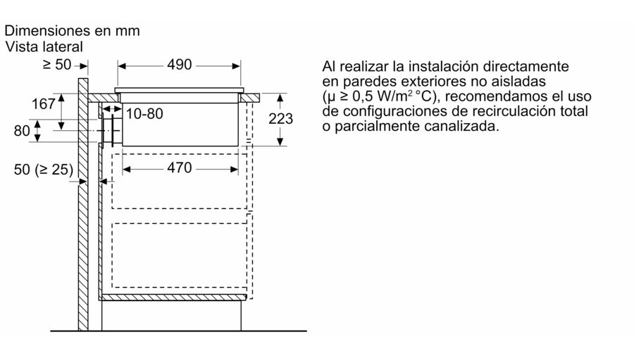 Un diagrama esquemático con dimensiones y texto en español, probablemente para instalación.