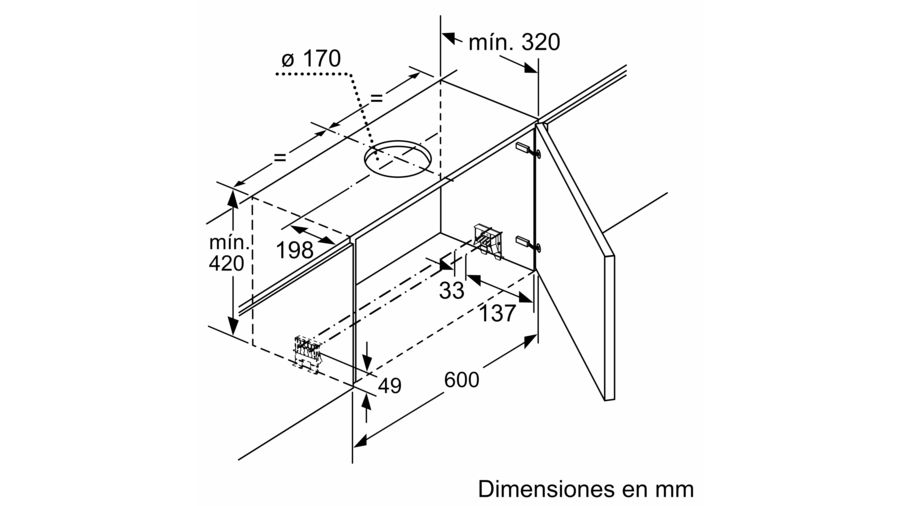 Un dibujo técnico isométrico de un electrodoméstico de cocina y sus dimensiones.