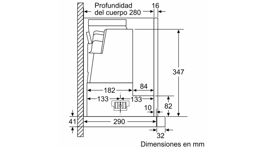 Un diagrama muestra dimensiones y medidas de un horno empotrado. El horno está en una pared. El fondo es blanco.