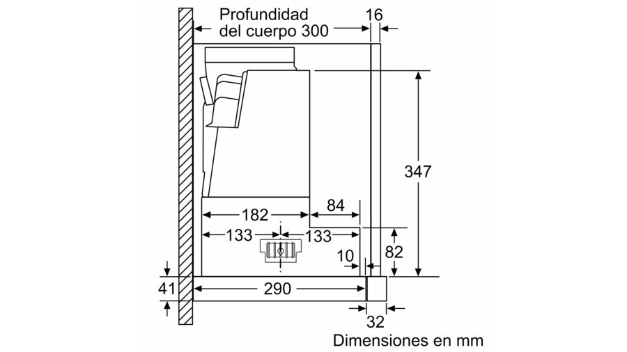 Diagrama de un electrodoméstico empotrado, mostrando dimensiones en mm.