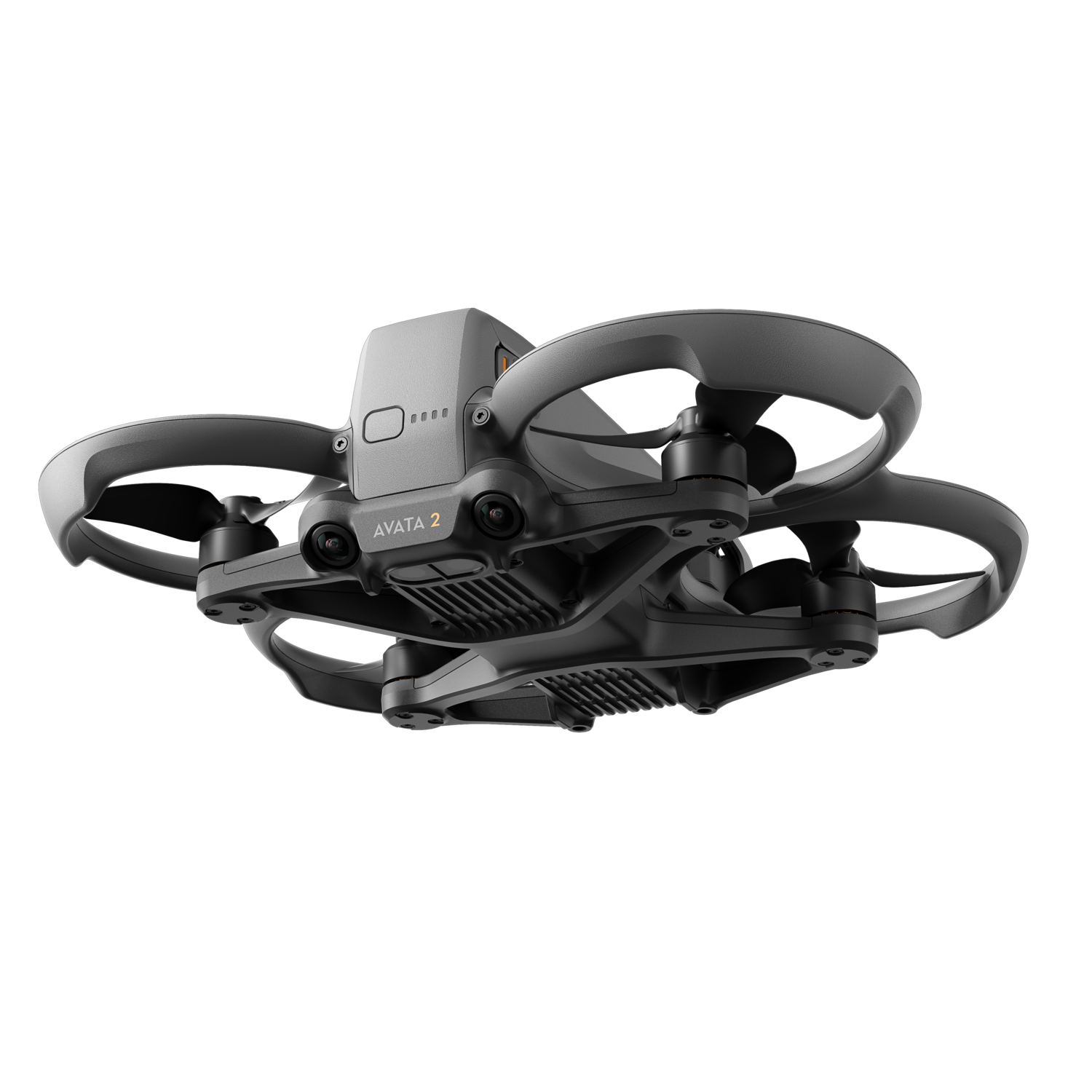 A black Avata 2 drone with propellers, camera, and the brand name.