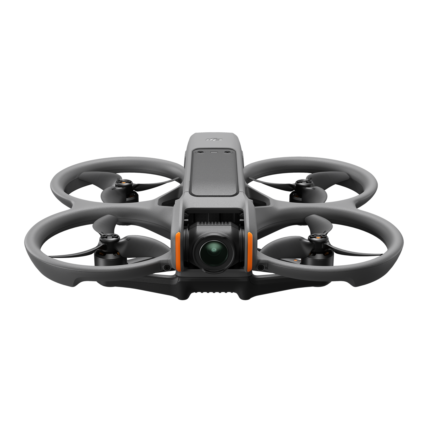 Gray drone, four propellers, camera in front. Black background. Modern design, focus on the drone.