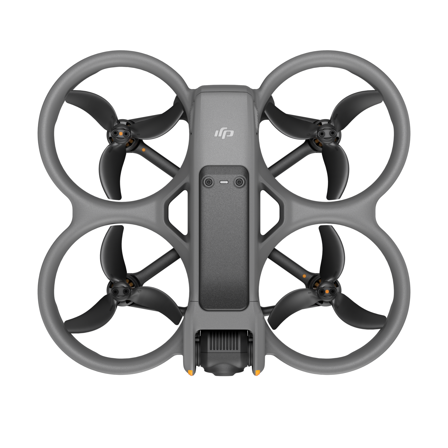 Gray drone with four propellers and a camera. Circular protective guards surround the propellers.