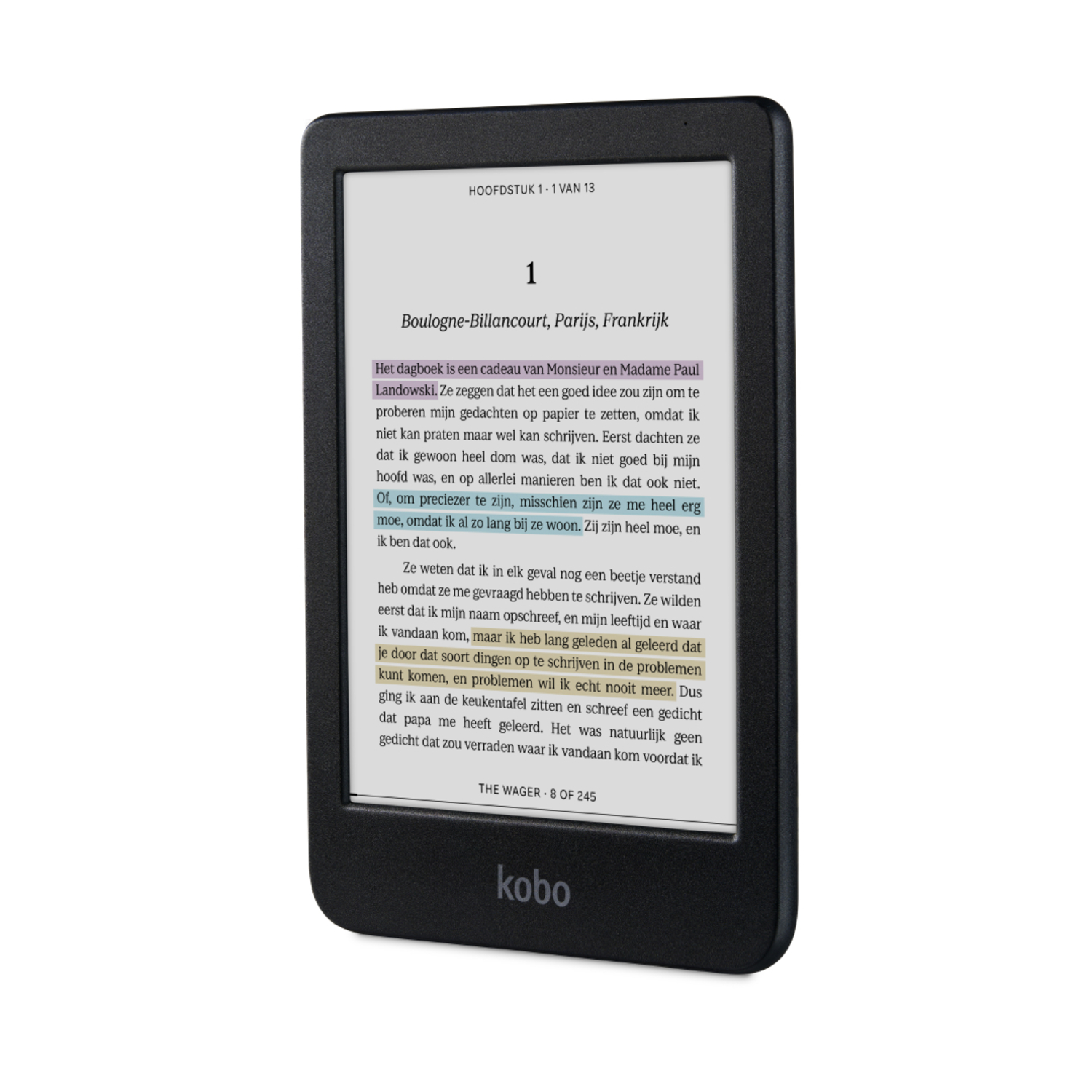 E-reader displaying text from a book, black device on white.