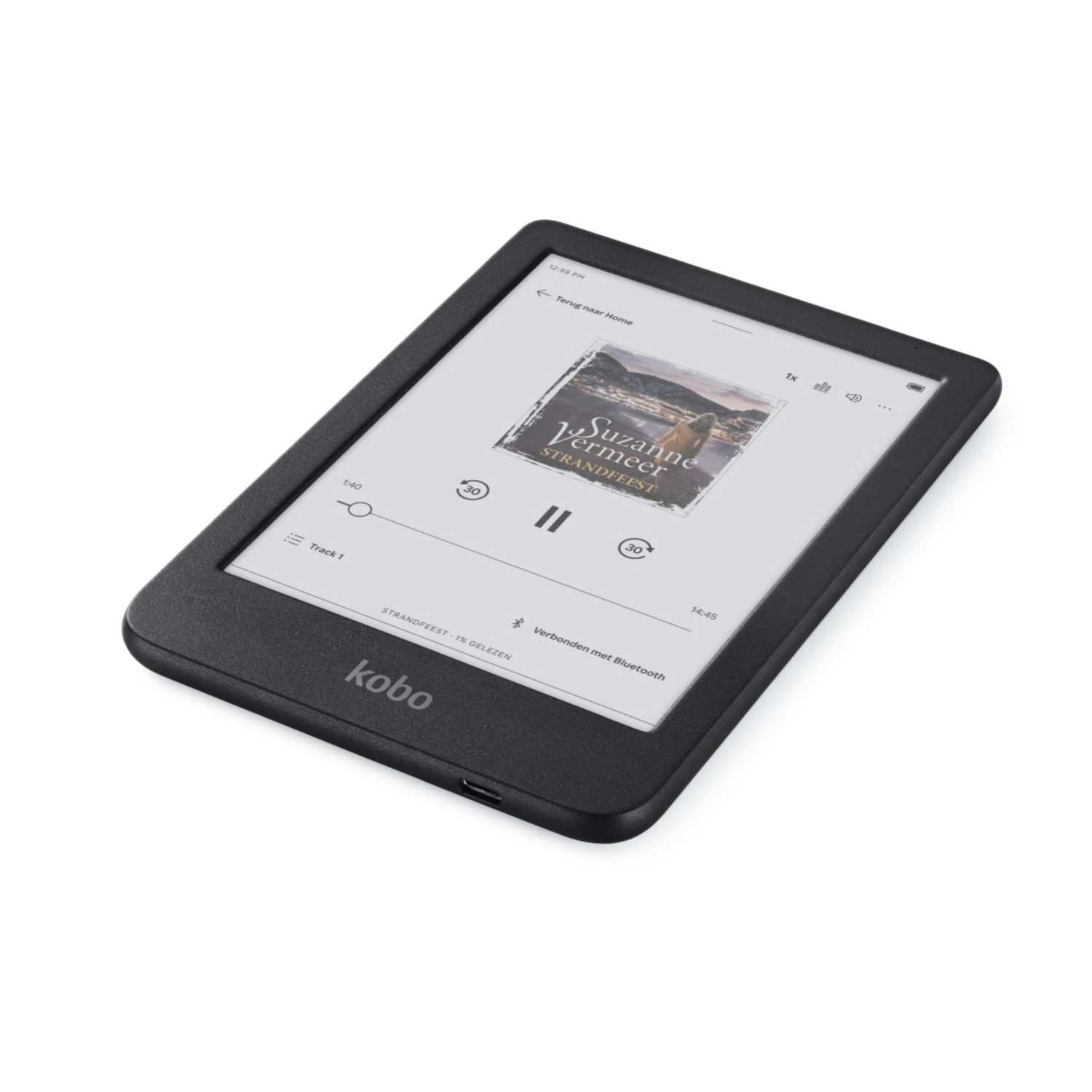 Black e-reader displaying a book cover. Text: Suzanne Vermeer.