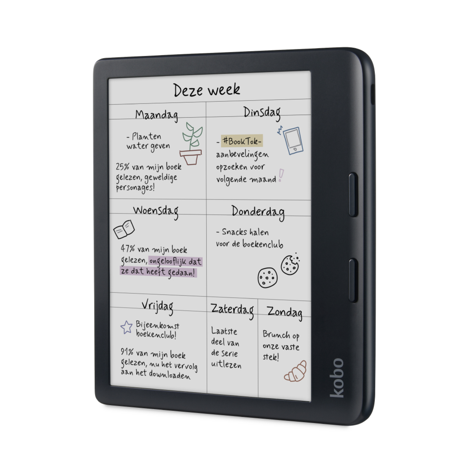 Zwarte Kobo e-reader met een weekplanning met handgeschreven notities en tekeningen.