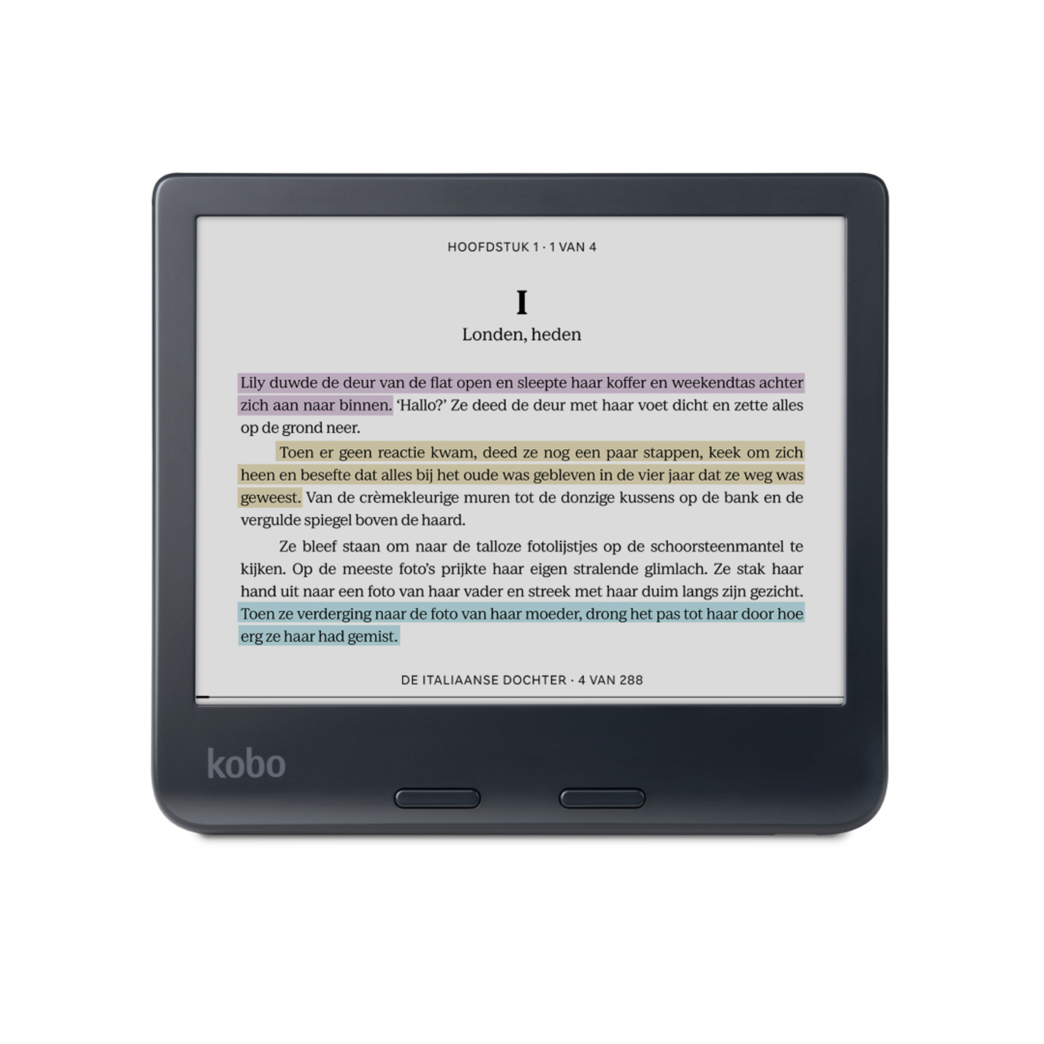 Kobo e-reader met tekst, donkergrijs apparaat op witte achtergrond.