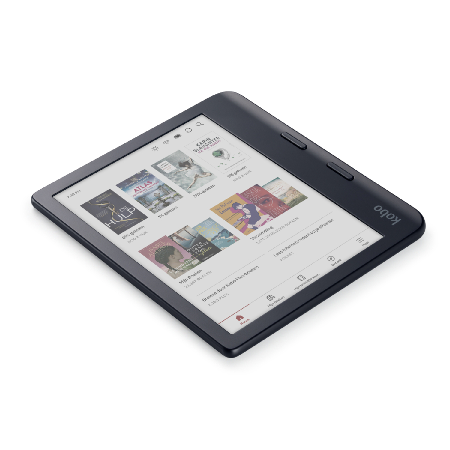 Zwarte e-reader met boekomslagen. Het scherm heeft boektitels. Witte achtergrond.