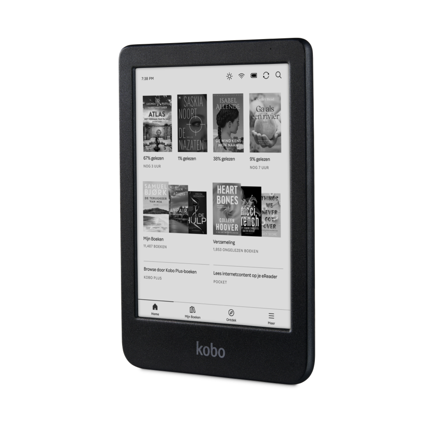 E-reader showing book covers, on a white background.
