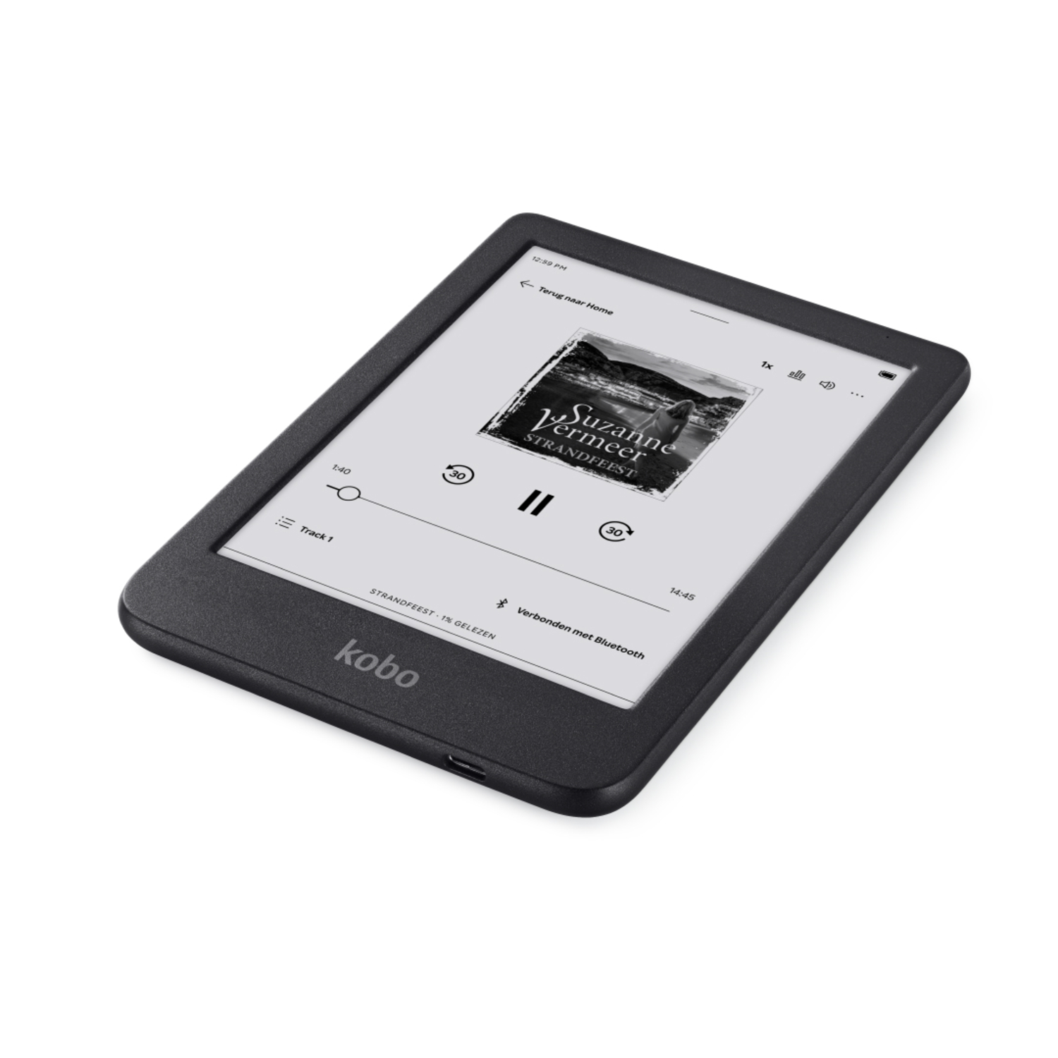 Black Kobo e-reader displaying a book cover and playback controls on screen.