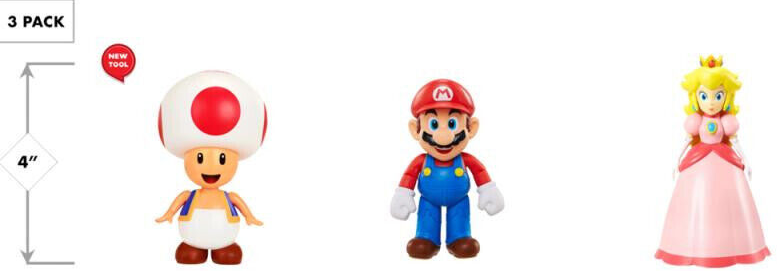 Drei Mario-Figuren: Toad, Mario und Prinzessin Peach. Toad hat einen rot gepunkteten Pilzkopf.
