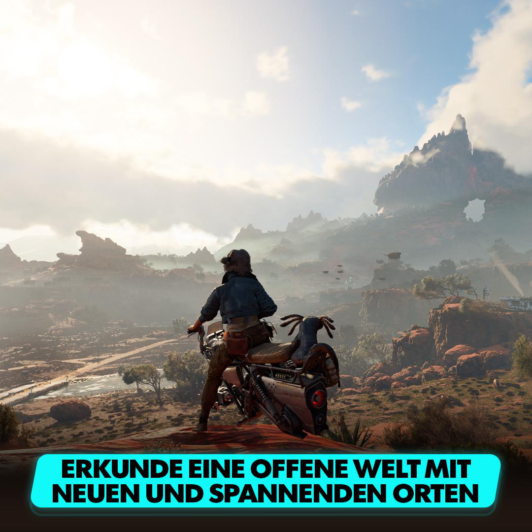 Eine Person auf einem Motorrad in einer wüstenartigen Umgebung mit Bergen und dem Text 'Erkunde eine neue Welt'.