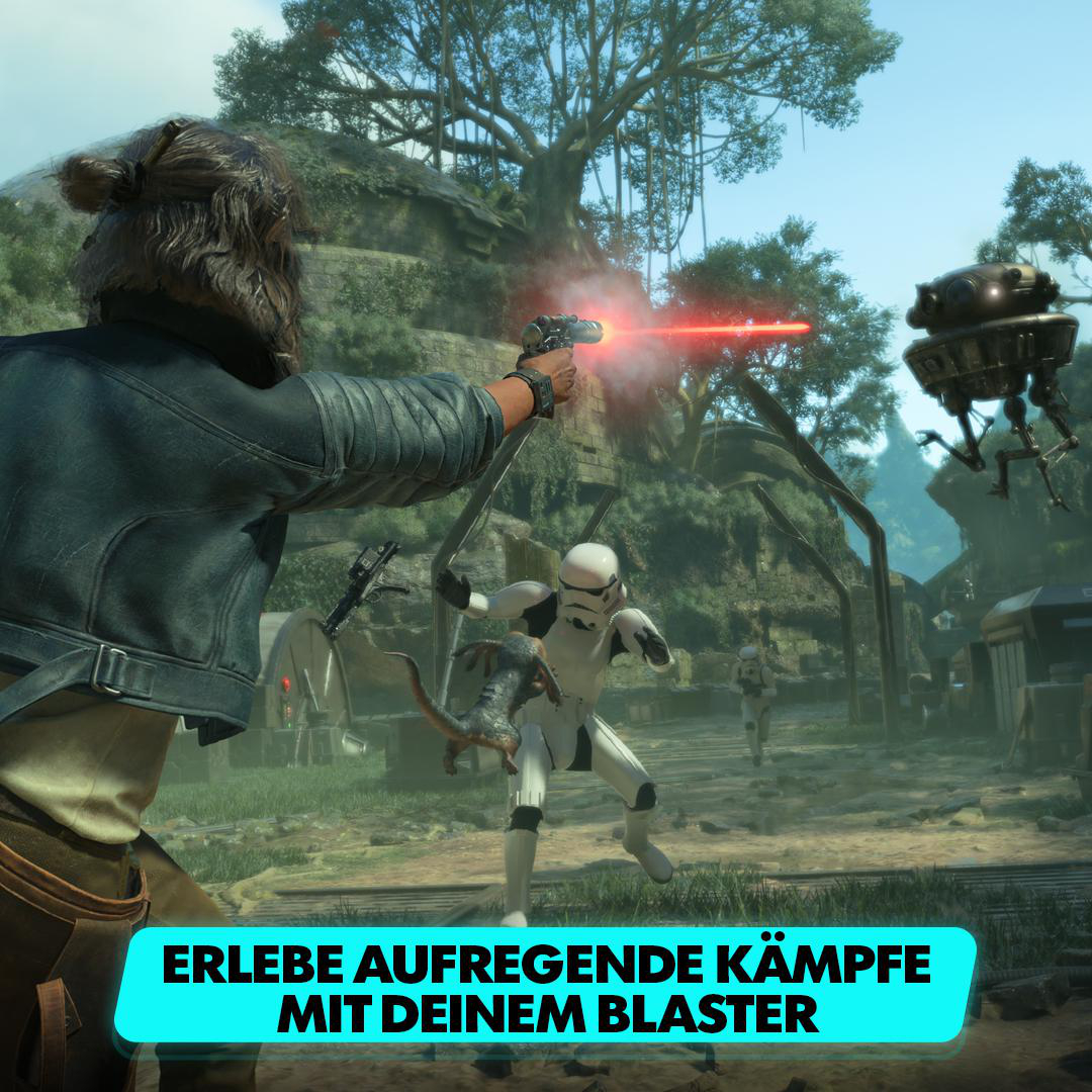 Eine Videospielszene mit einer Figur, die mit einer Laserpistole auf einen Sturmtruppler schießt.