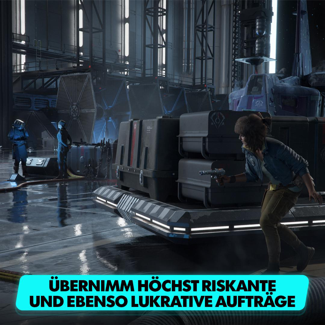 Eine Frau mit einer Waffe in futuristischer, industrieller Umgebung, mit Textüberlagerung.