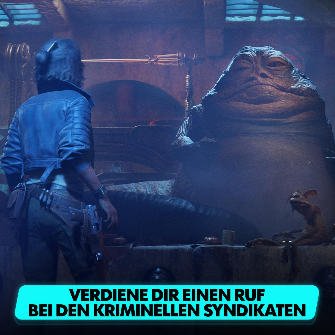 Person in blauer Jacke steht einem großen, fetten Alien in einem schwach beleuchteten Raum gegenüber.