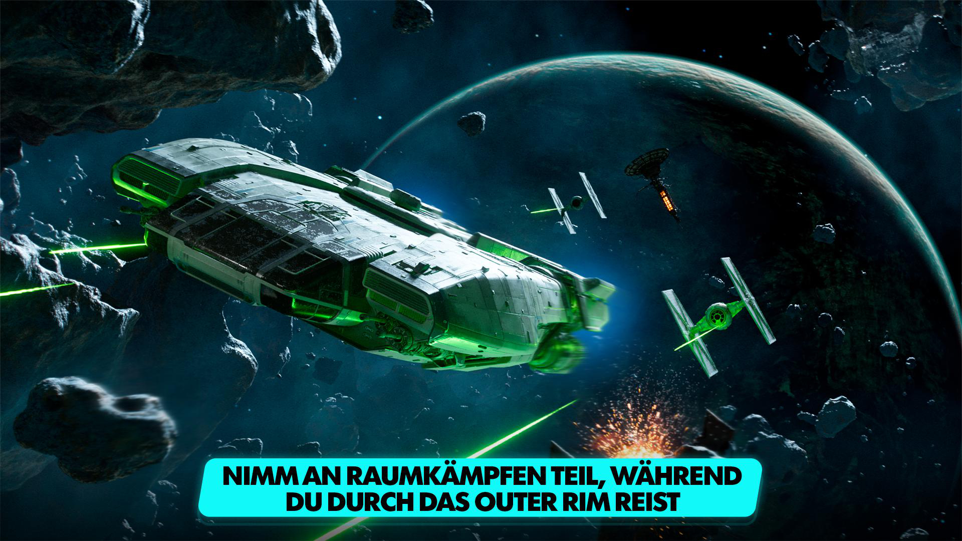 Weltraumszene mit Schiff, Planeten und Kampfjets. Grüner Text unten.
